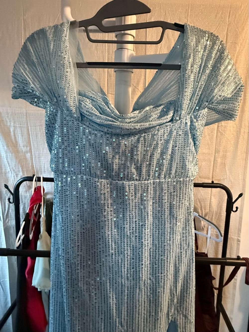 Sky Blue Sequin Evening Gown with Side Slit